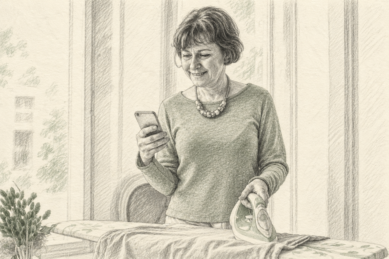 Pencil illustration: A woman using her phone