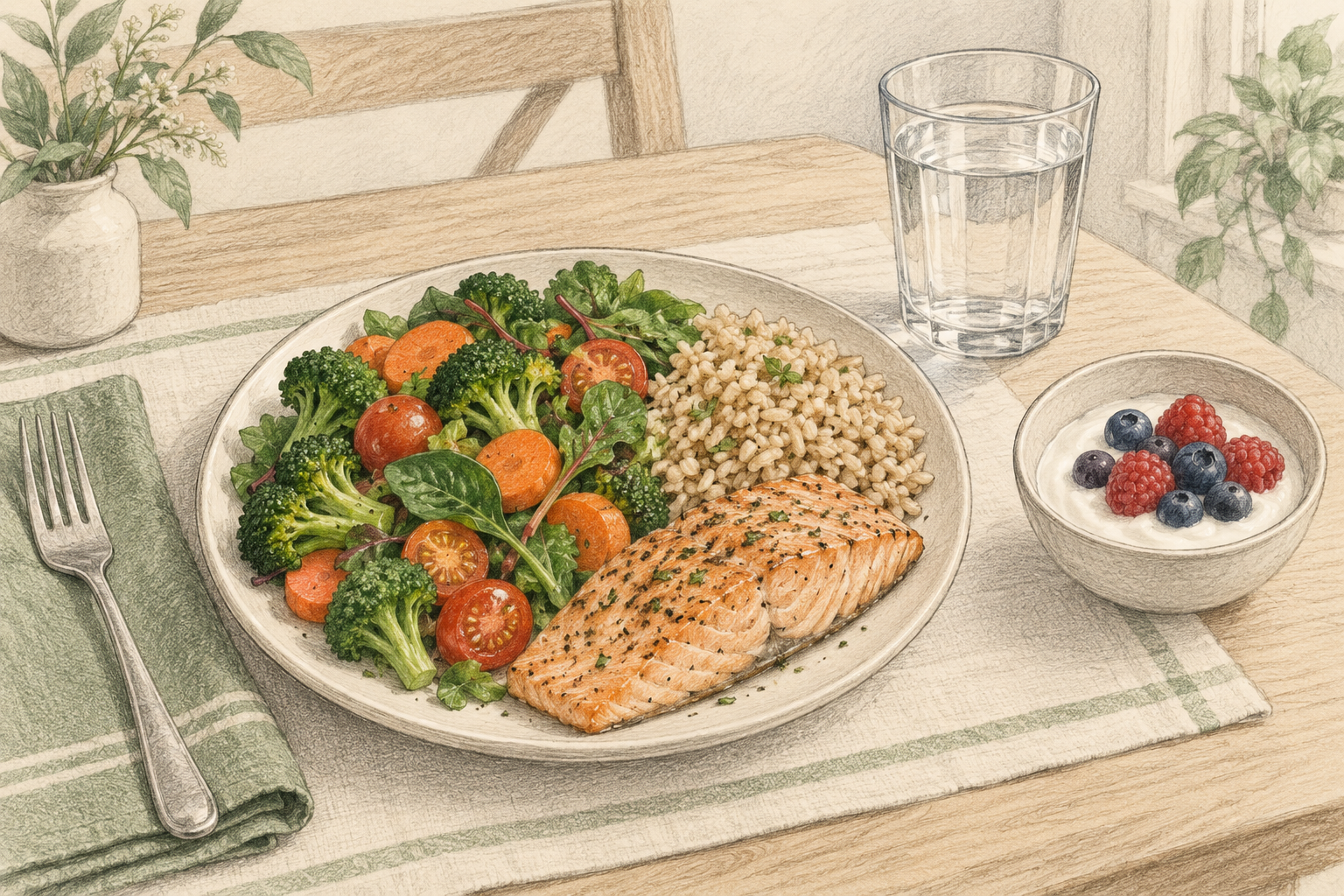 Pencil illustration of a balanced meal with vegetables, salmon, brown rice, water and yogurt with berries.
