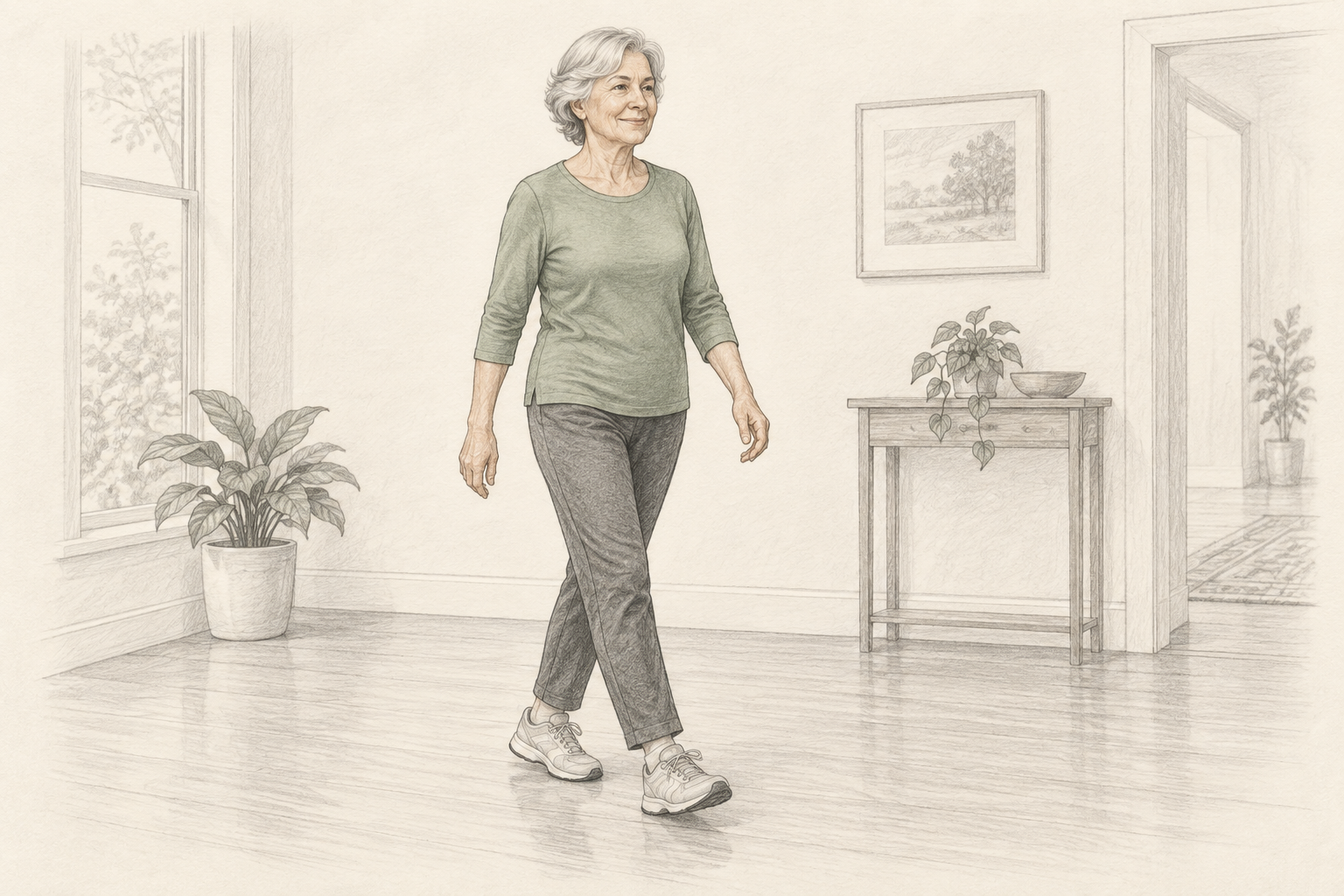 Pencil illustration: An older woman walking on a clear level indoor route.