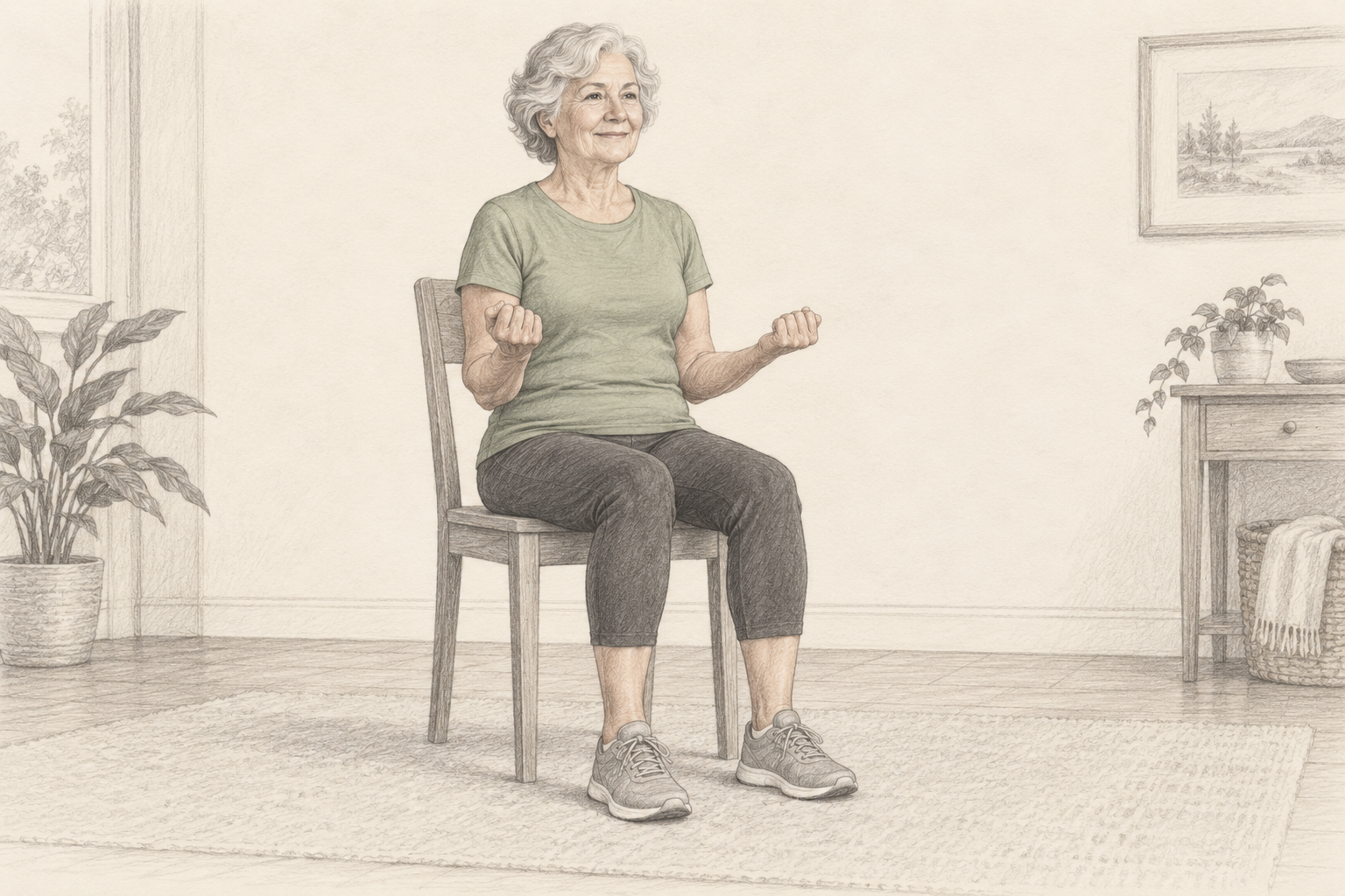 Pencil illustration: An older woman practising seated arm curls with her feet flat on the floor.