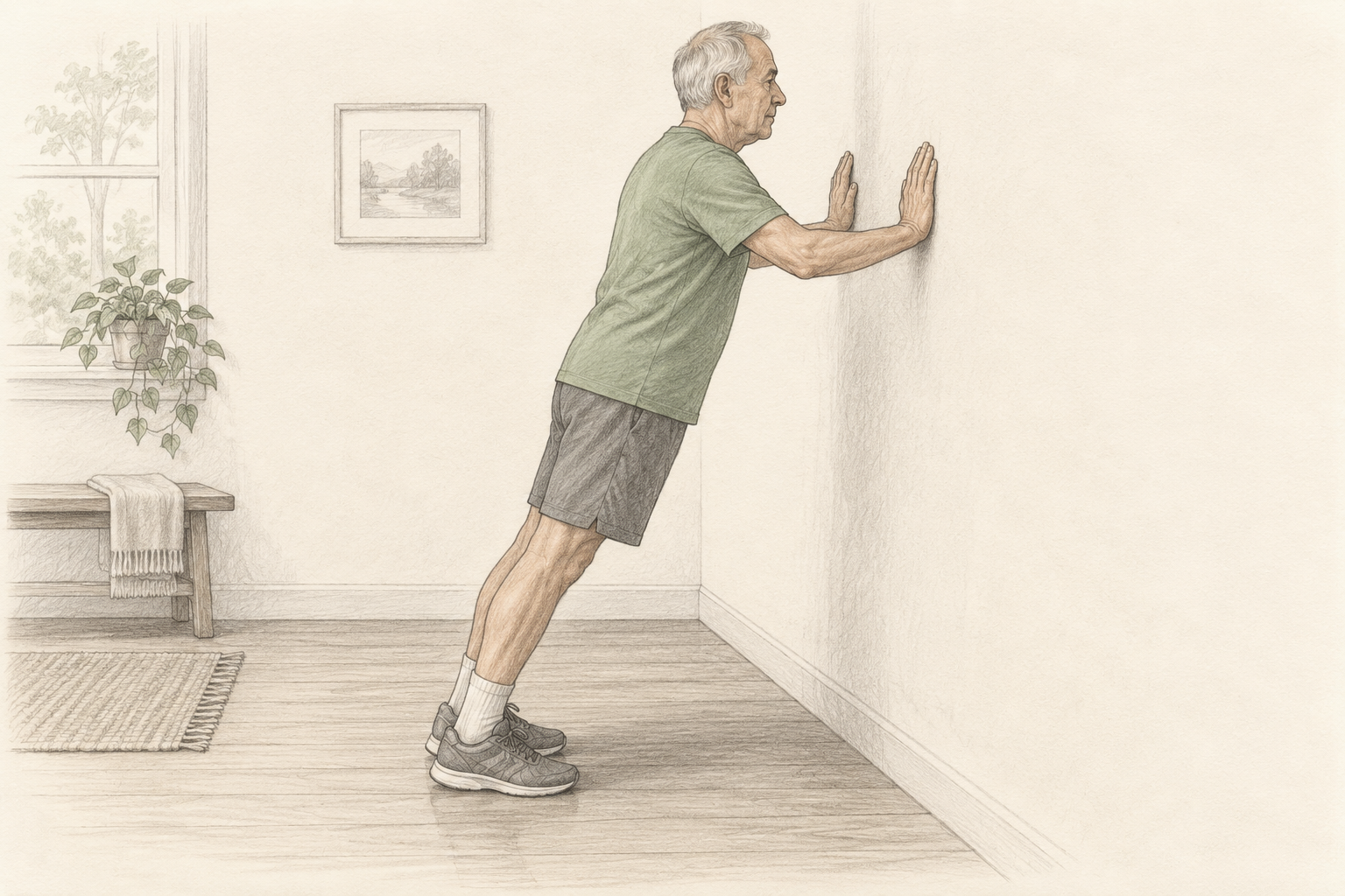 Pencil illustration: An older man practising a wall press with hands at chest height.