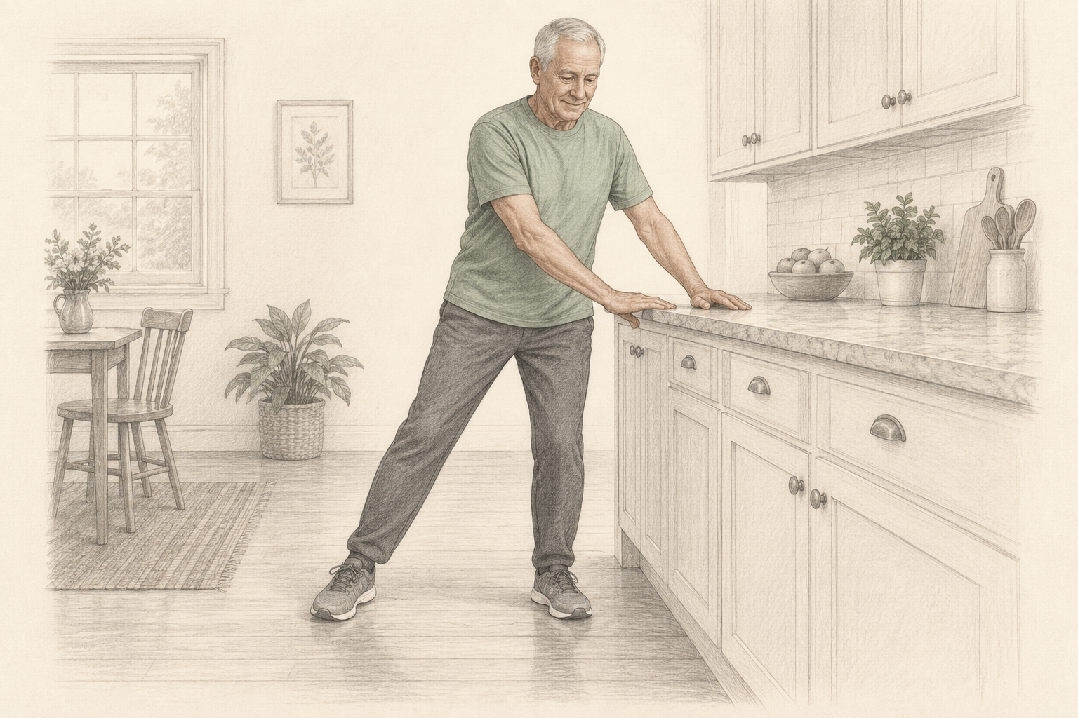 Pencil illustration: An older man taking a small side step while holding a fixed counter.