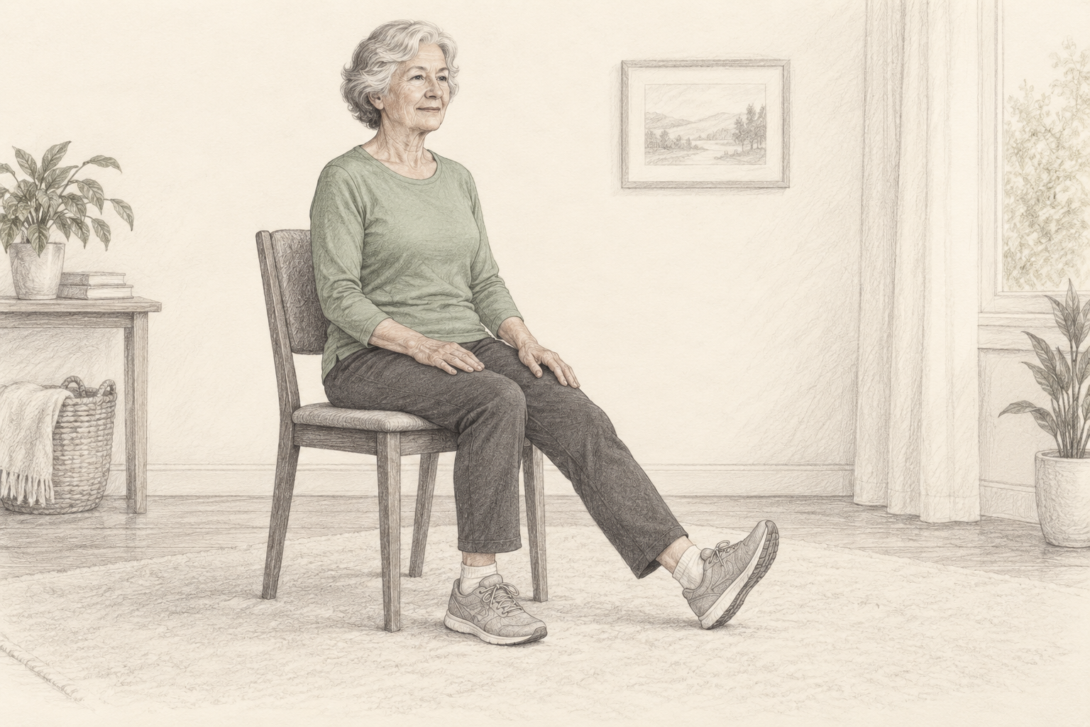 Pencil illustration: An older woman gently extending one leg for seated ankle movement.