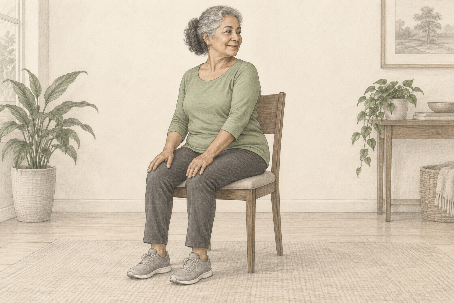 Pencil illustration: An older woman making a small seated turn without pulling on the chair.