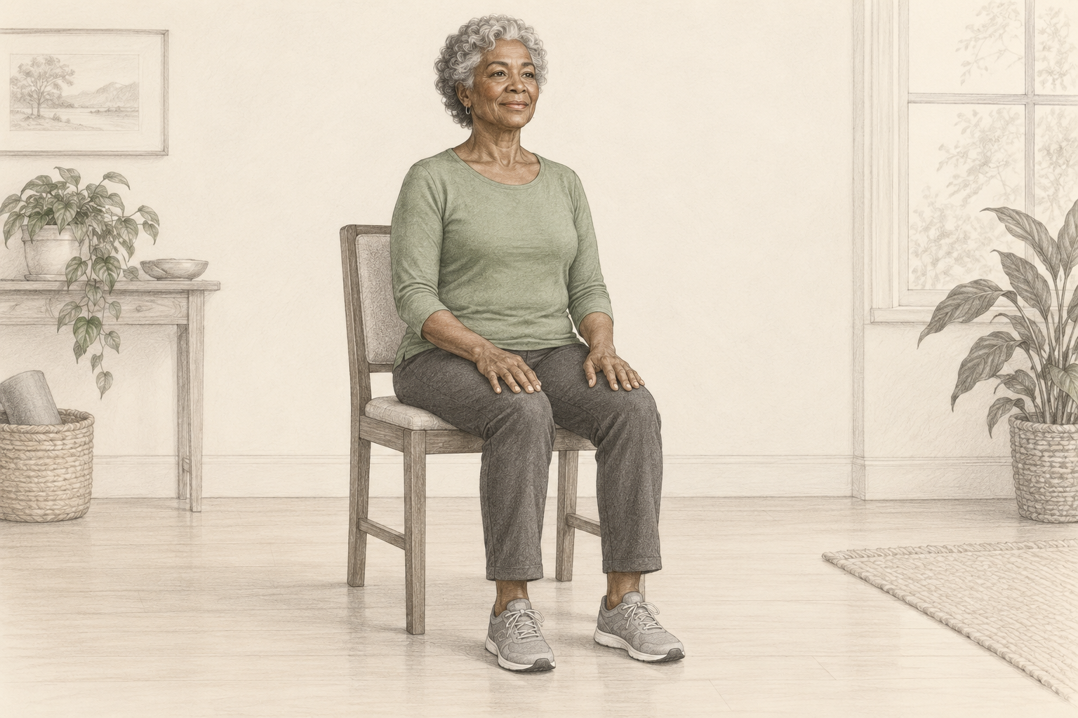 Pencil illustration: Seated mountain: an older woman sitting upright with hands on her thighs.