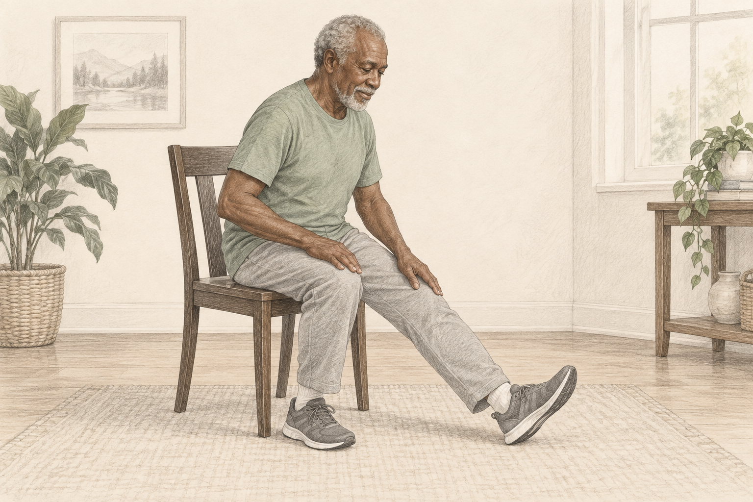 Pencil illustration: An older man stretching one leg gently from a stable chair.