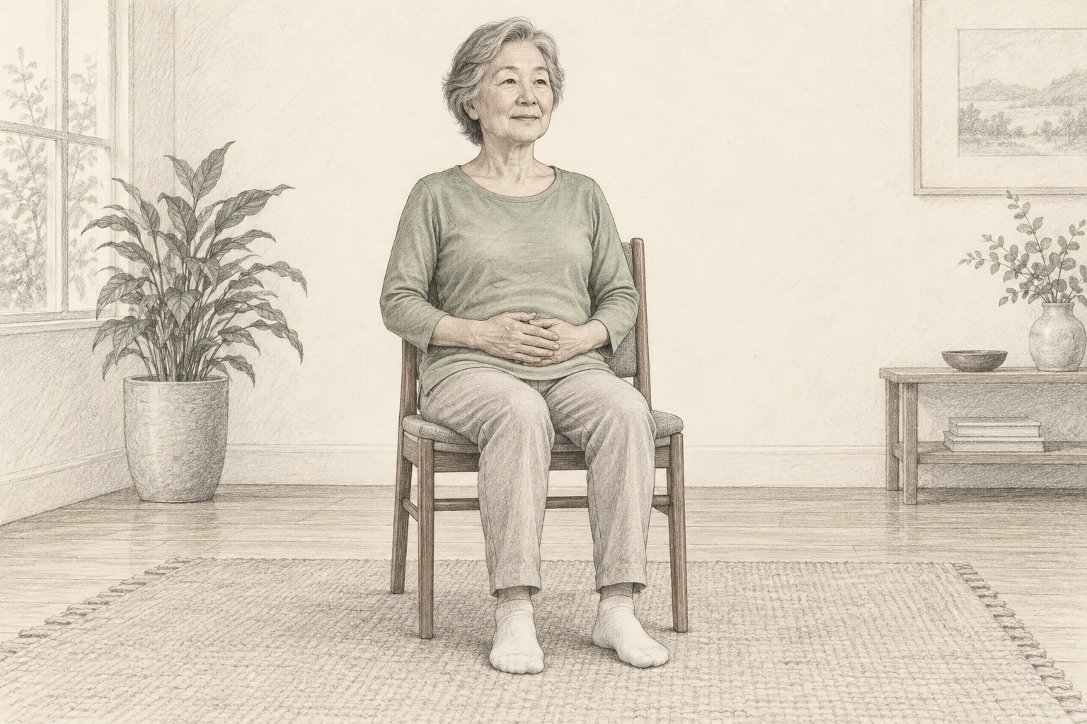 Pencil illustration: An older woman resting comfortably with hands on her belly and feet flat.