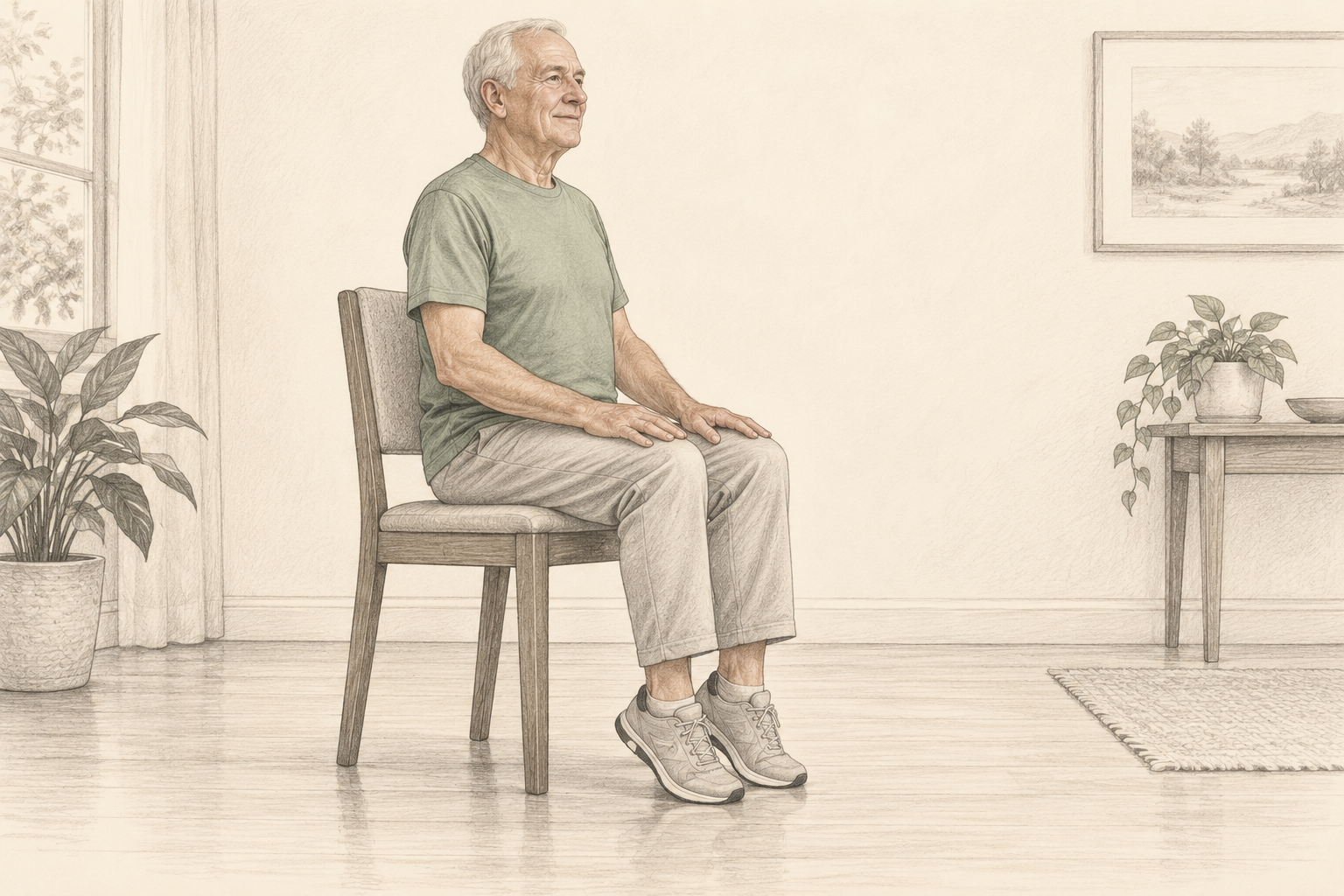 Pencil illustration: An older man lifting his heels gently while remaining seated.