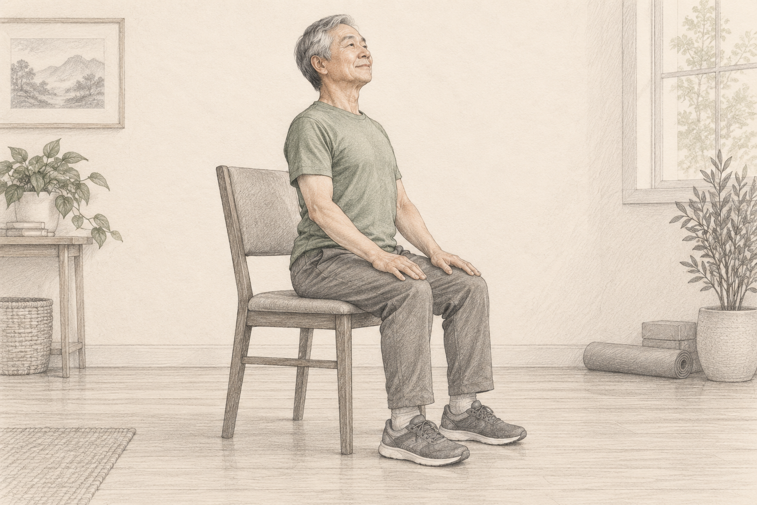 Pencil illustration: An older man gently opening his chest in seated cat–cow.