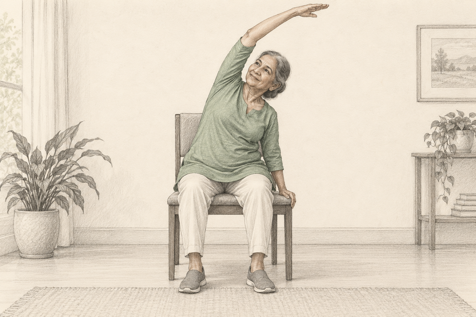 Pencil illustration: An older woman making a small seated side reach with one hand on her chair.